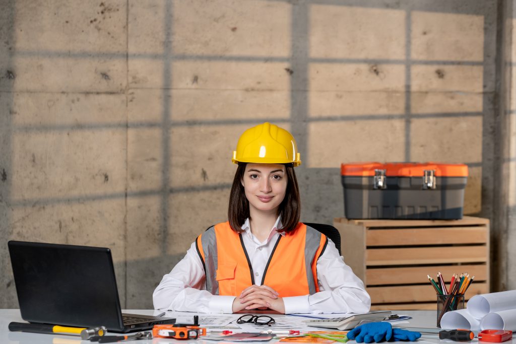 engineer worker helmet vest serious